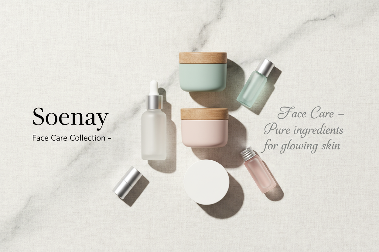 Modern skincare banner for “Face Care Collection – Soenay”. Aesthetic flat-lay of skincare jars, serums, and creams on marble or linen background. Light natural colors, elegant typography. Text: “Face Care – Pure ingredients for glowing skin.”